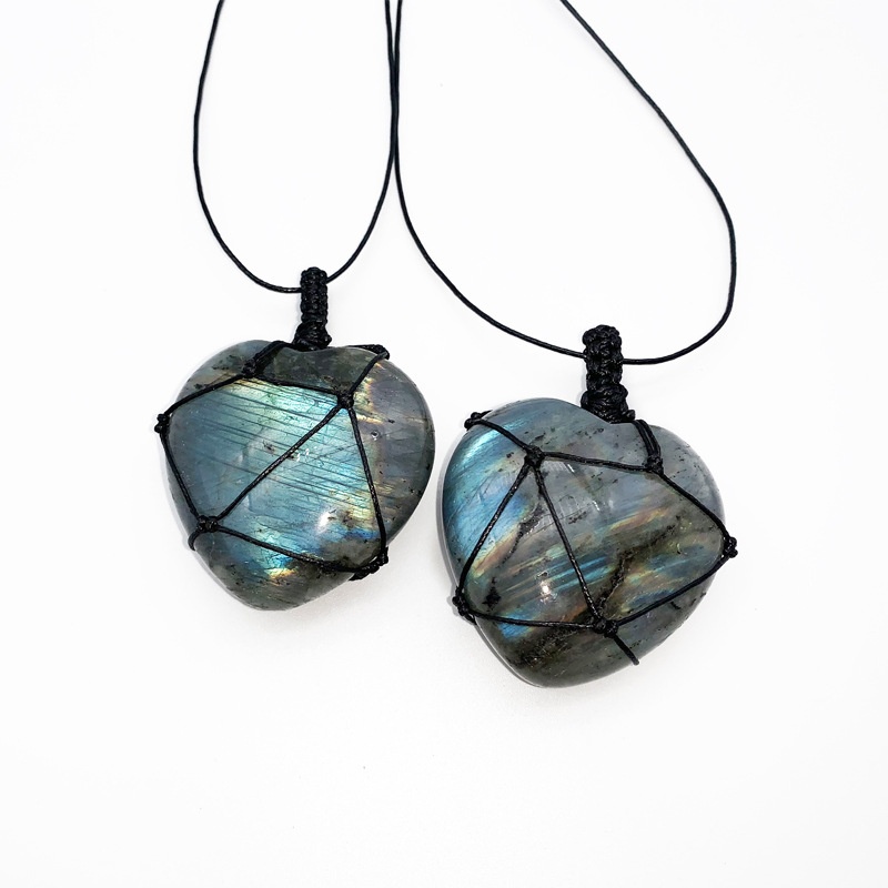 Crystal Pendant Necklace Natural Stone - Natural Hand-woven Labradorite Moonstone Heart Shape